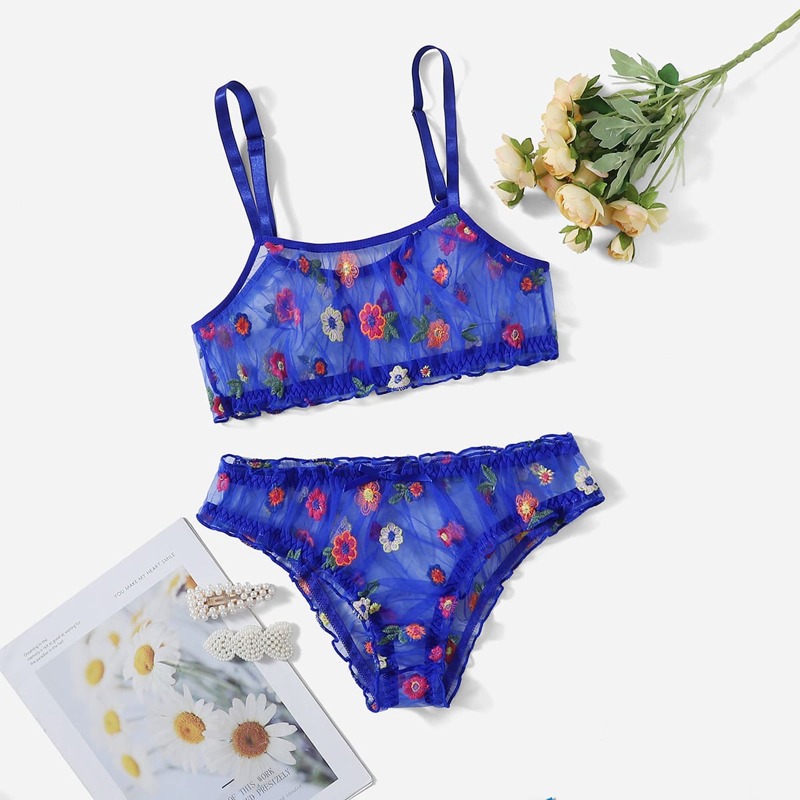 

Floral Embroidery Mesh Lingerie Set, Blue