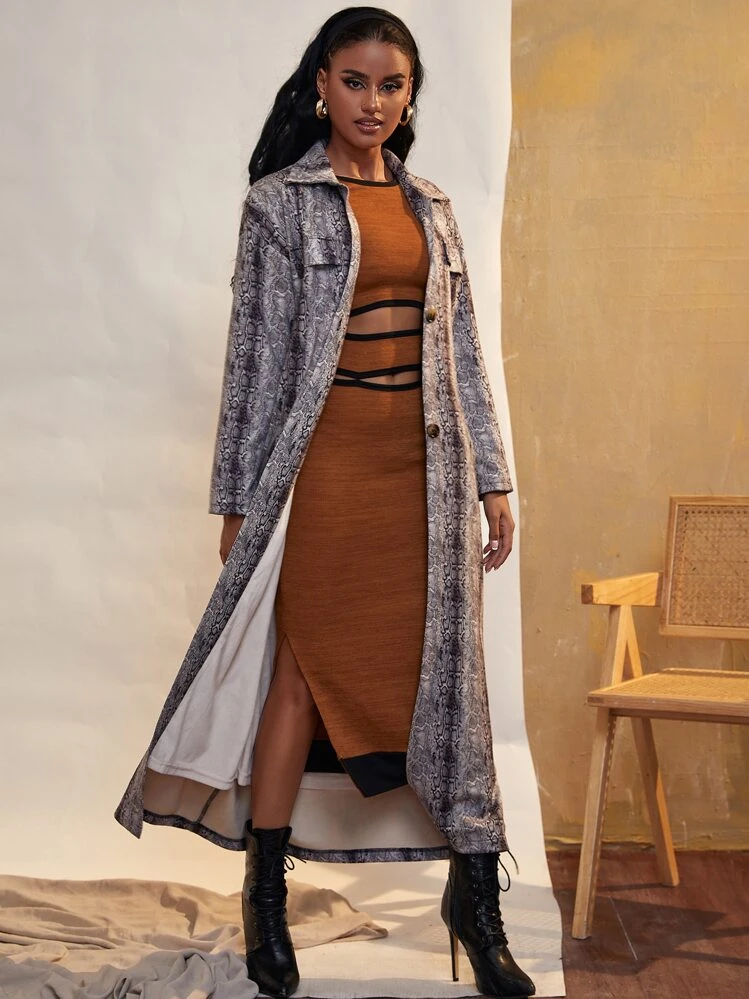 SHEIN Unity Snakeskin Print Drop Shoulder Belted Coat - Multicolor - View 1