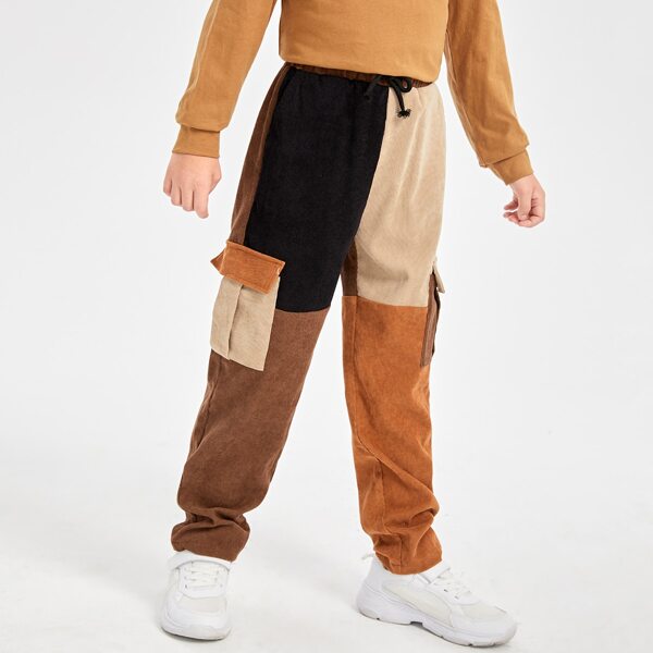 

Boys Cut And Sew Flap Pocket Side Drawstring Waist Corduroy Pants, Multicolor