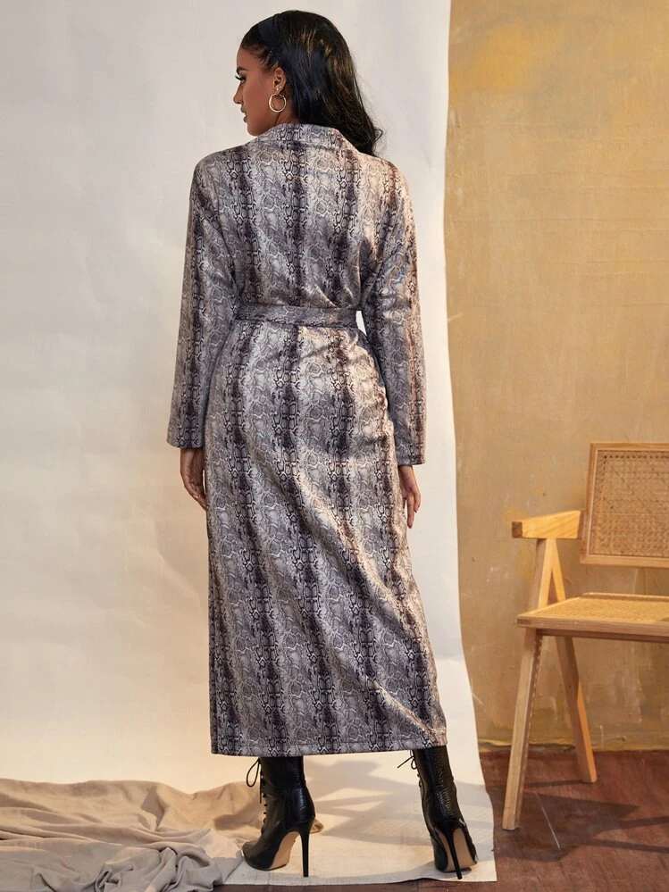 SHEIN Unity Snakeskin Print Drop Shoulder Belted Coat - Multicolor - View 2