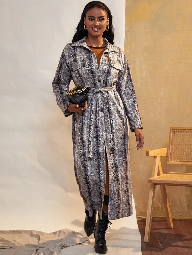 SHEIN Unity Snakeskin Print Drop Shoulder Belted Coat - Multicolor - View 3