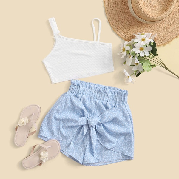

Girls Asymmetrical Neck Crop Top & Tie Front Plants Shorts Set, Blue and white