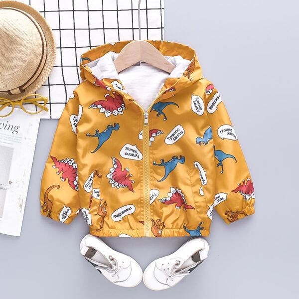 

Toddler Boys Letter & Dinosaur Print Hooded Jacket, Yellow