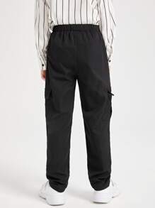 SHEIN Boys Patched Detail Flap Pocket Side Drawstring Waist Pants - Black - View 2