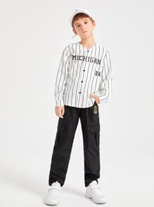 SHEIN Boys Patched Detail Flap Pocket Side Drawstring Waist Pants - Black - View 3