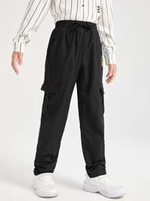 SHEIN Boys Patched Detail Flap Pocket Side Drawstring Waist Pants - Black - View 5