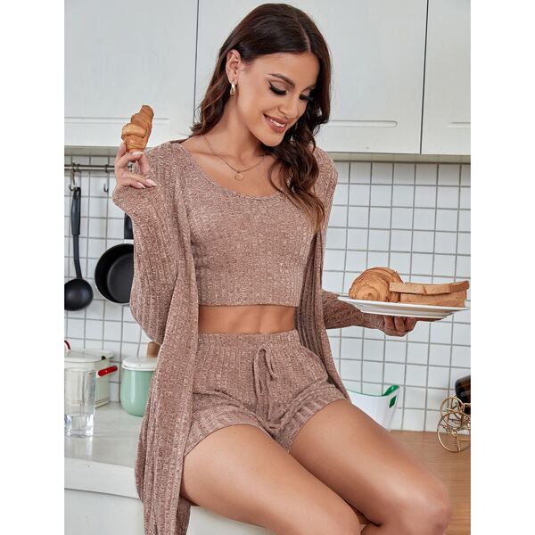 

Open Front Robe & Tank Top & Shorts Lounge Set, Apricot