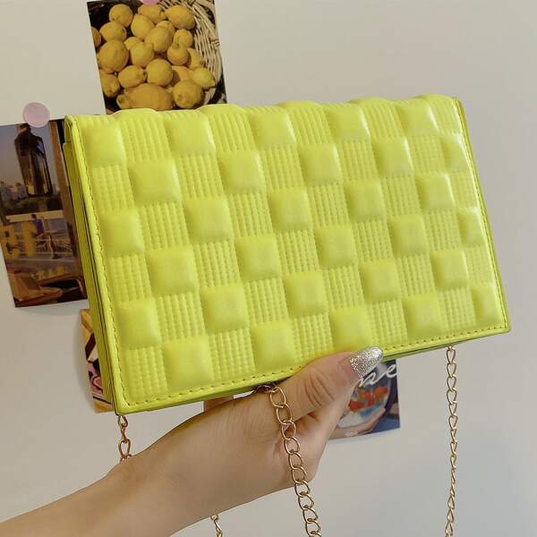 

Geo Embossed Flap Chain Bag, Yellow