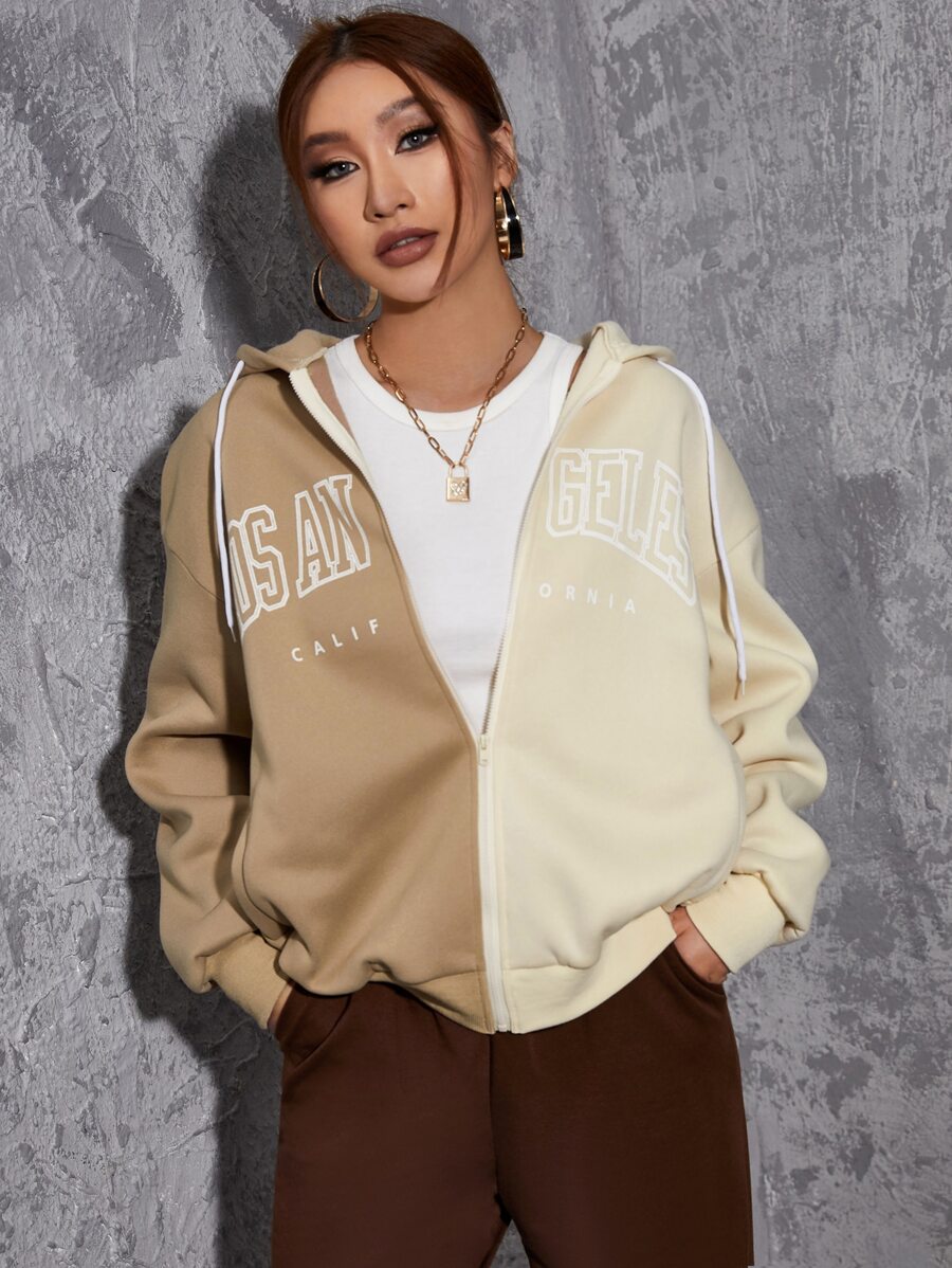 SHEIN EZwear Letter Graphic Colour Block Drop Shoulder Thermal Drawstring Hoodie - Multicolor - View 1