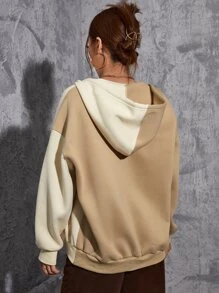 SHEIN EZwear Letter Graphic Colour Block Drop Shoulder Thermal Drawstring Hoodie - Multicolor - View 2