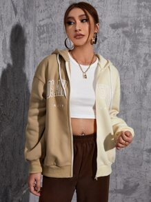 SHEIN EZwear Letter Graphic Colour Block Drop Shoulder Thermal Drawstring Hoodie - Multicolor - View 4