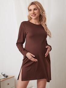 孕婦素色下擺開叉休閒服連衣裙 - 巧克力棕 - 查看 1