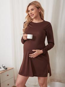 孕婦素色下擺開叉休閒服連衣裙 - 巧克力棕 - 查看 3