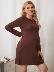 孕婦素色下擺開叉休閒服連衣裙 - 巧克力棕 - 查看 4