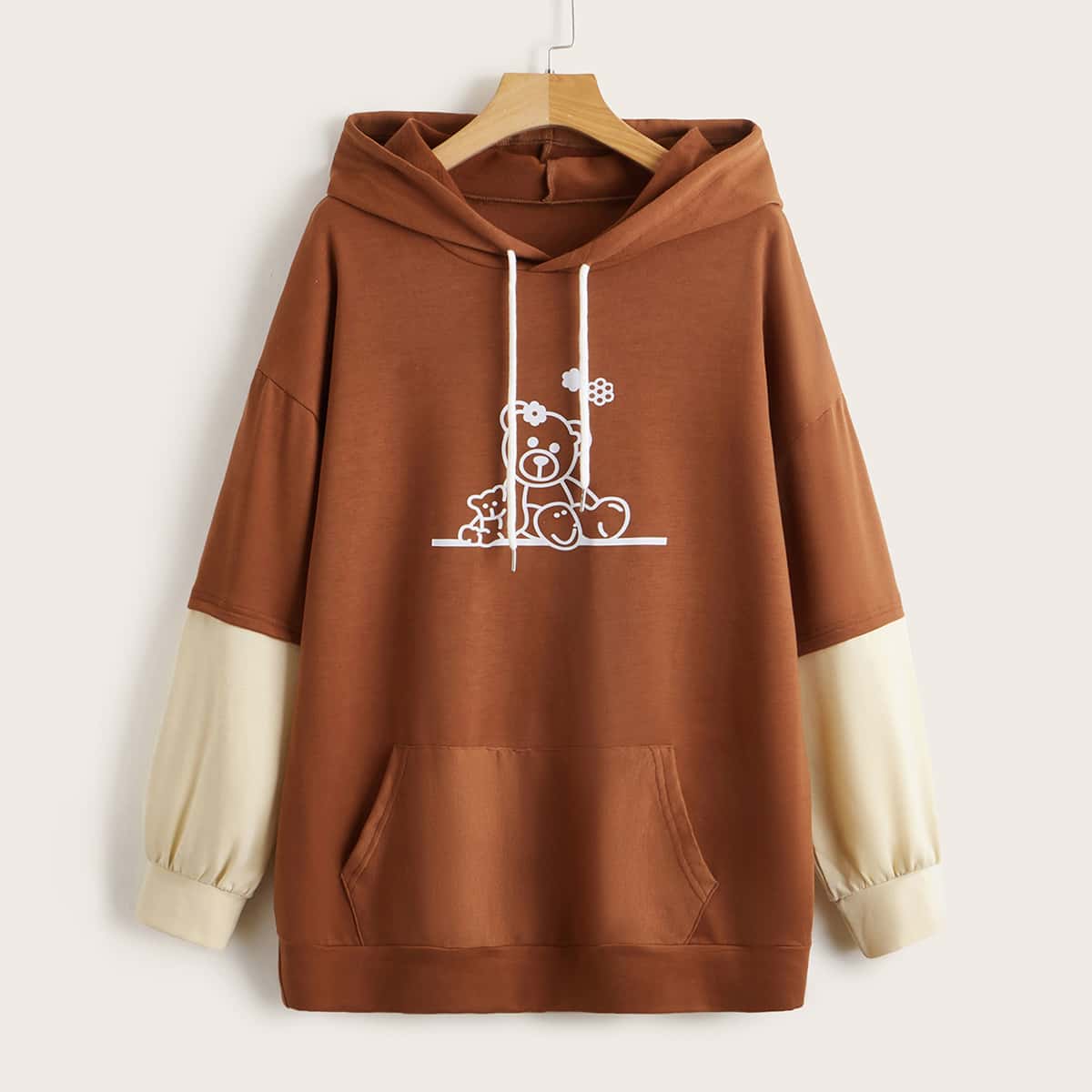 

Cartoon Bear Graphic Colorblock Drawstring Hoodie, Multicolor