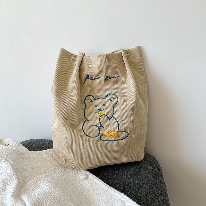 

Cartoon Bear Graphic Shoulder Tote Bag, Khaki