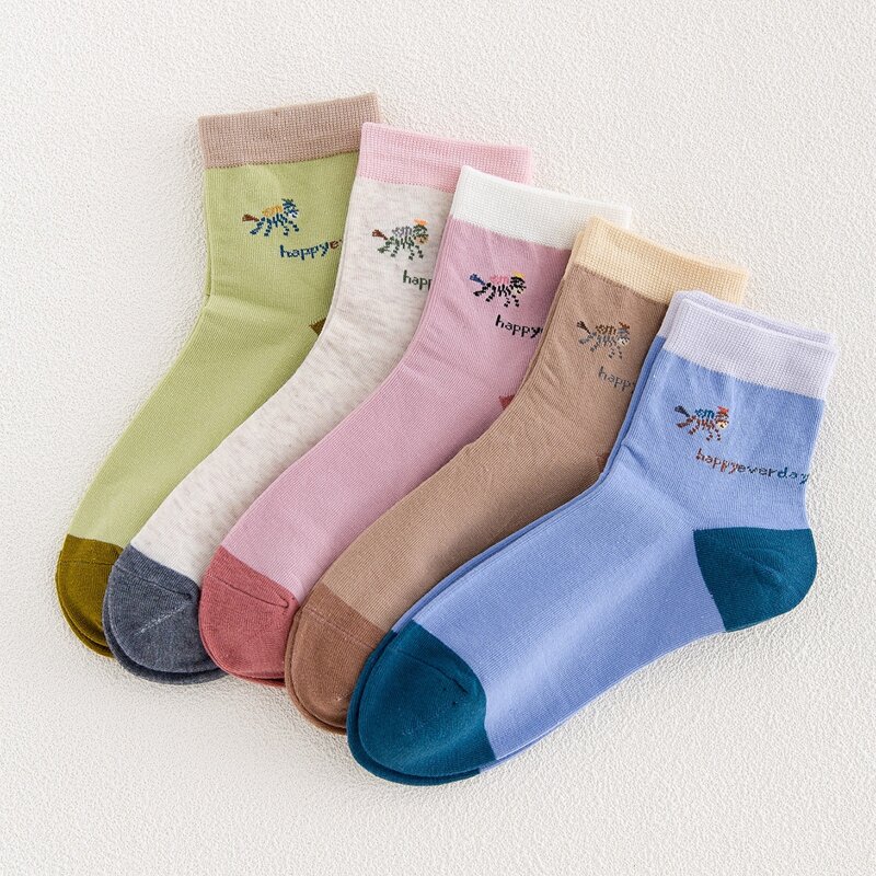 

5pairs Animal Print Crew Socks, Multicolor