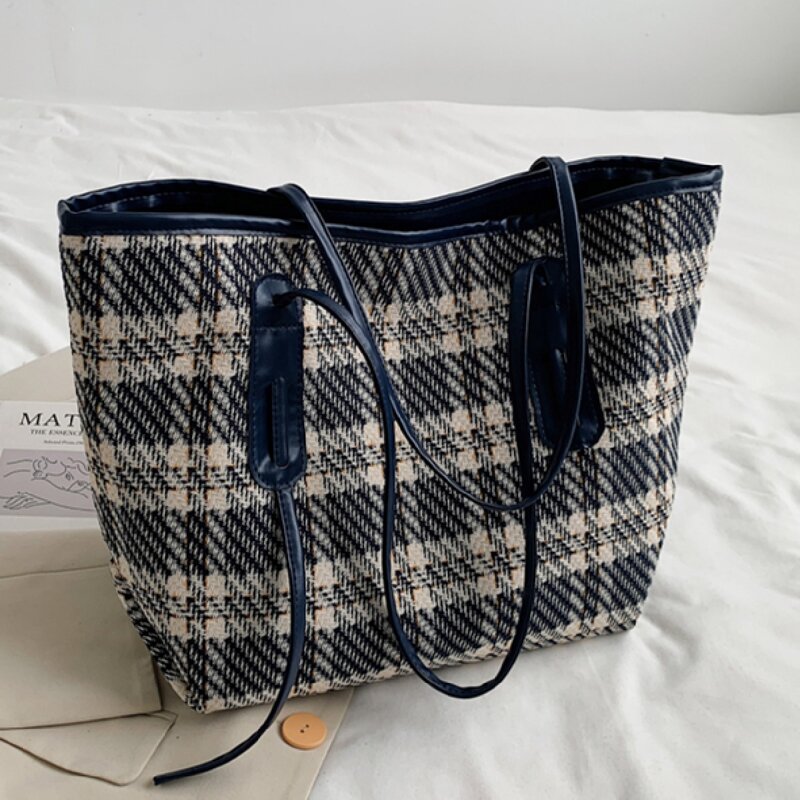 

Tweed Shoulder Tote Bag, Blue and white