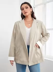 Plus Double Button Dual Pocket Blazer - Khaki - View 1