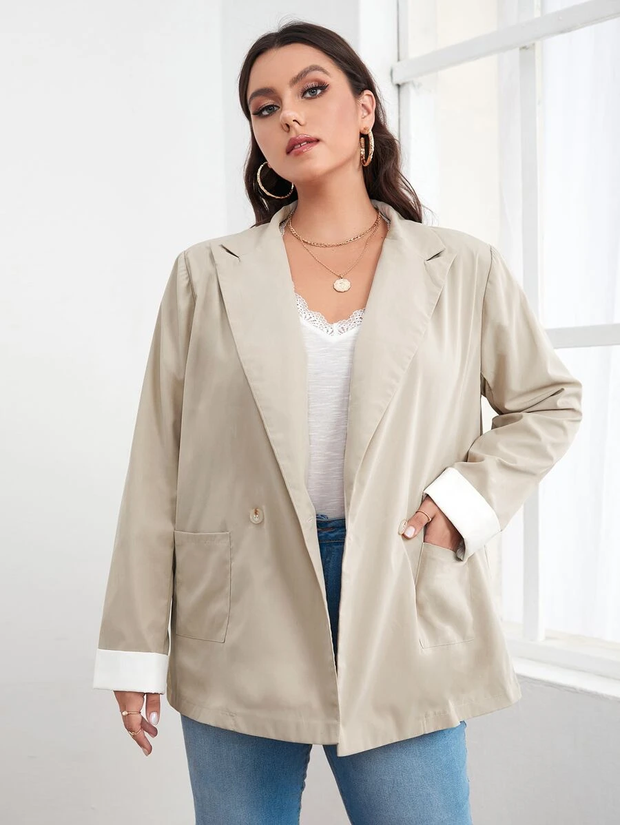 Plus Double Button Dual Pocket Blazer - Khaki - View 1