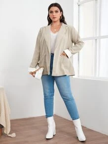 Plus Double Button Dual Pocket Blazer - Khaki - View 4