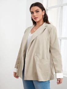 Plus Double Button Dual Pocket Blazer - Khaki - View 5