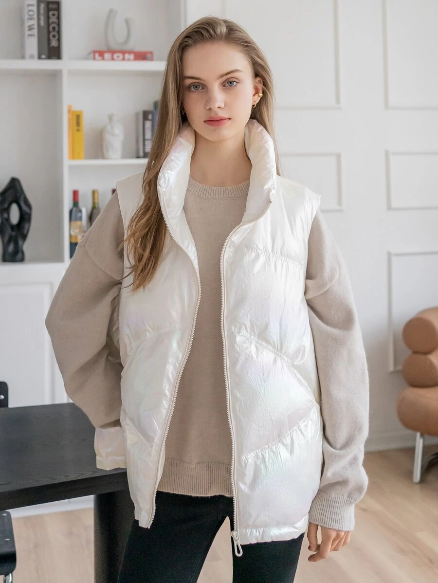SHEIN COLDBREAK Holographic Funnel Neck Drawstring Hem Puffer Gilet - White - View 1