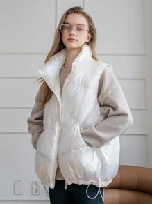 SHEIN COLDBREAK Holographic Funnel Neck Drawstring Hem Puffer Gilet - White - View 3