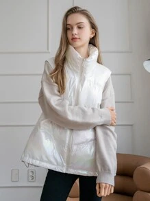 SHEIN COLDBREAK Holographic Funnel Neck Drawstring Hem Puffer Gilet - White - View 4