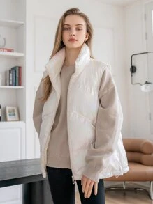 SHEIN COLDBREAK Holographic Funnel Neck Drawstring Hem Puffer Gilet - White - View 5