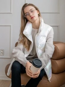 SHEIN COLDBREAK Holographic Funnel Neck Drawstring Hem Puffer Gilet - White - View 6