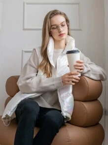 SHEIN COLDBREAK Holographic Funnel Neck Drawstring Hem Puffer Gilet - White - View 7