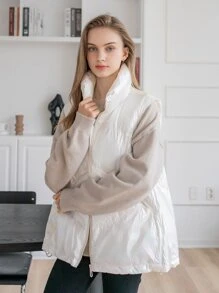 SHEIN COLDBREAK Holographic Funnel Neck Drawstring Hem Puffer Gilet - White - View 8