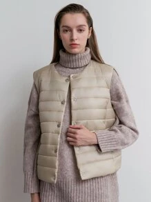 SHEIN COLDBREAK Button Front Sleeveless Padded Coat - Khaki - View 5