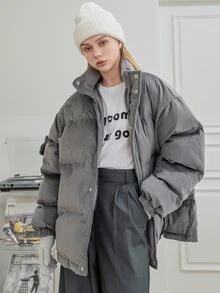 SHEIN COLDBREAK Solid Zipper Front Slant Pocket Padded Coat - Grey - View 3