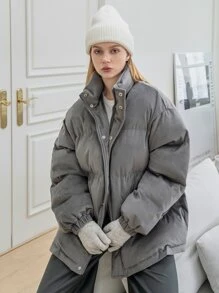 SHEIN COLDBREAK Solid Zipper Front Slant Pocket Padded Coat - Grey - View 1