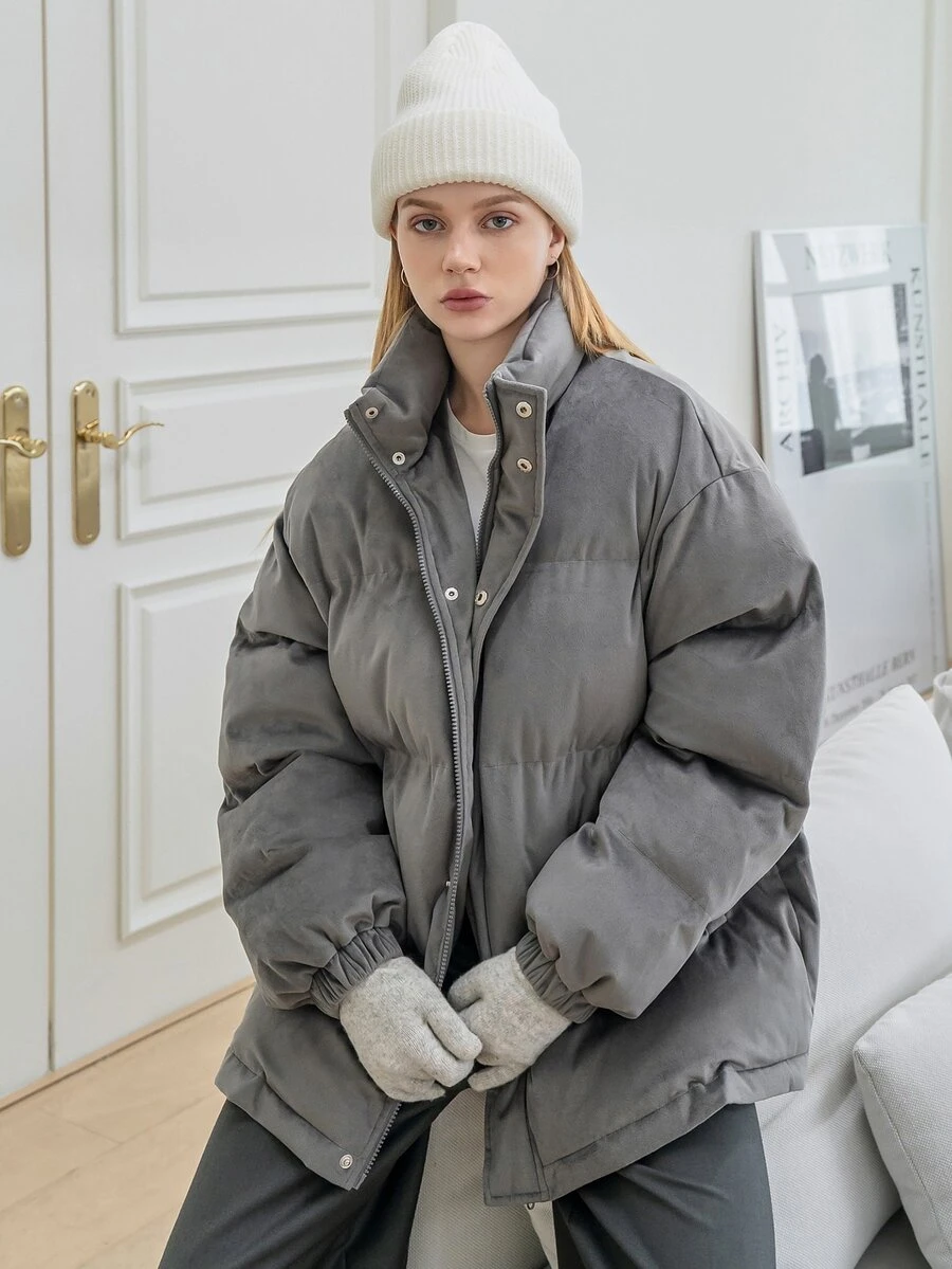 SHEIN COLDBREAK Solid Zipper Front Slant Pocket Padded Coat - Grey - View 1