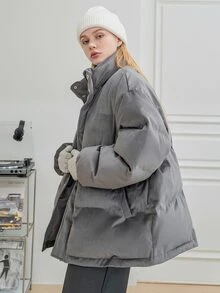 SHEIN COLDBREAK Solid Zipper Front Slant Pocket Padded Coat - Grey - View 5