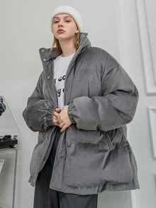 SHEIN COLDBREAK Solid Zipper Front Slant Pocket Padded Coat - Grey - View 6