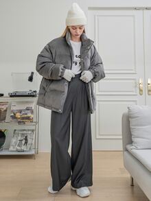 SHEIN COLDBREAK Solid Zipper Front Slant Pocket Padded Coat - Grey - View 7