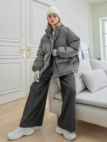 SHEIN COLDBREAK Solid Zipper Front Slant Pocket Padded Coat - Grey - View 8