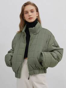 SHEIN COLDBREAK Solid Zip Up Women's Winter Clothes Warm Padded Padded Coat - Army Green - View 4