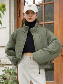 SHEIN COLDBREAK Solid Zip Up Women's Winter Clothes Warm Padded Padded Coat - Army Green - View 3