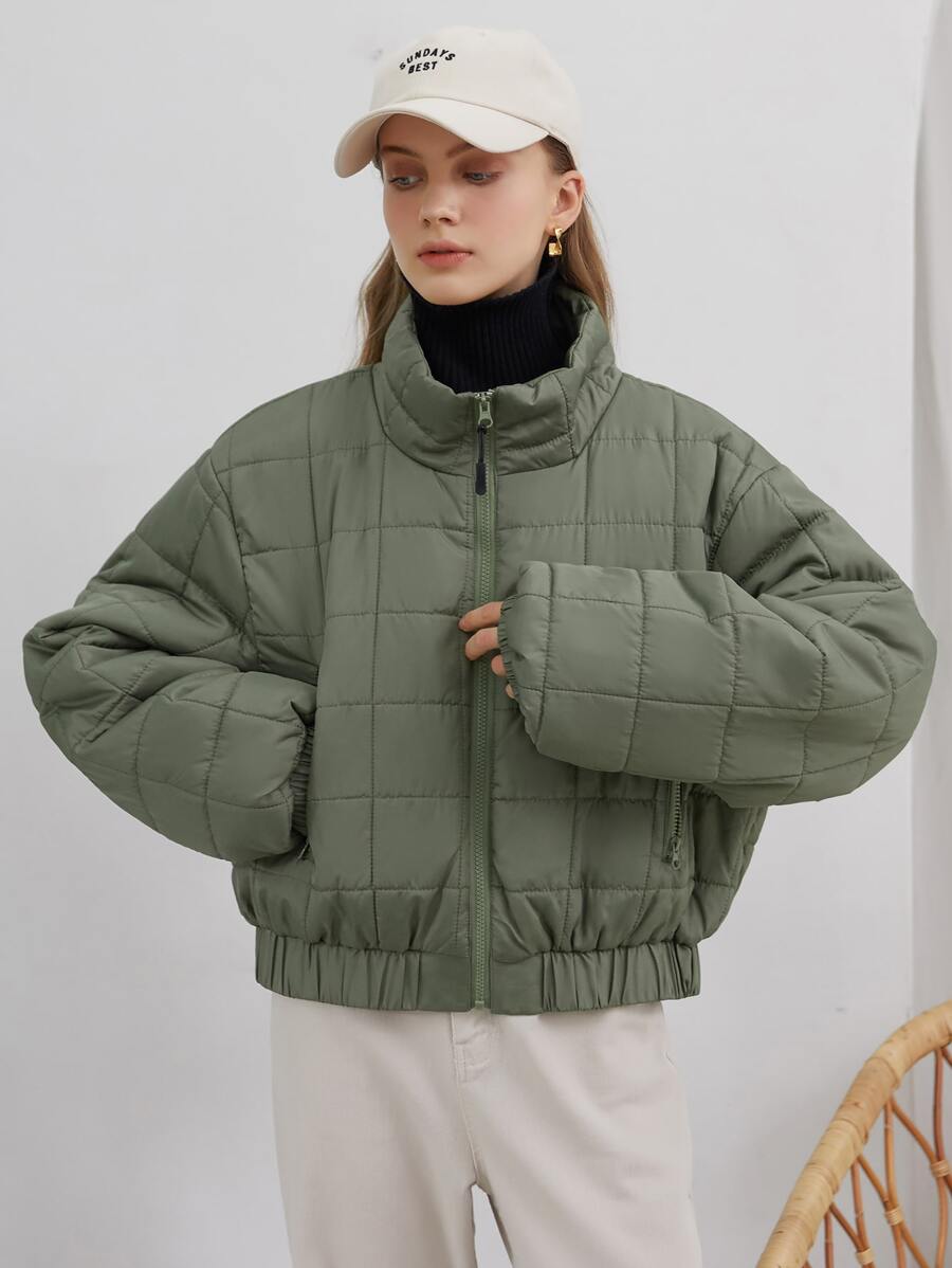 SHEIN COLDBREAK Solid Zip Up Women's Winter Clothes Warm Padded Padded Coat - Army Green - View 1