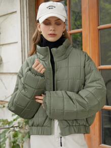 SHEIN COLDBREAK Solid Zip Up Women's Winter Clothes Warm Padded Padded Coat - Army Green - View 5