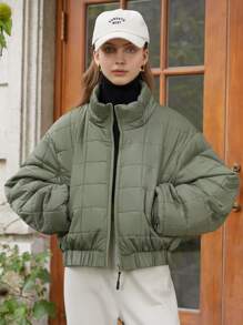 SHEIN COLDBREAK Solid Zip Up Women's Winter Clothes Warm Padded Padded Coat - Army Green - View 6