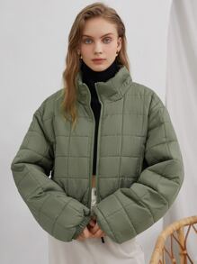SHEIN COLDBREAK Solid Zip Up Women's Winter Clothes Warm Padded Padded Coat - Army Green - View 7
