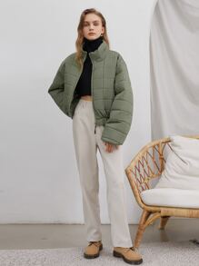 SHEIN COLDBREAK Solid Zip Up Women's Winter Clothes Warm Padded Padded Coat - Army Green - View 8