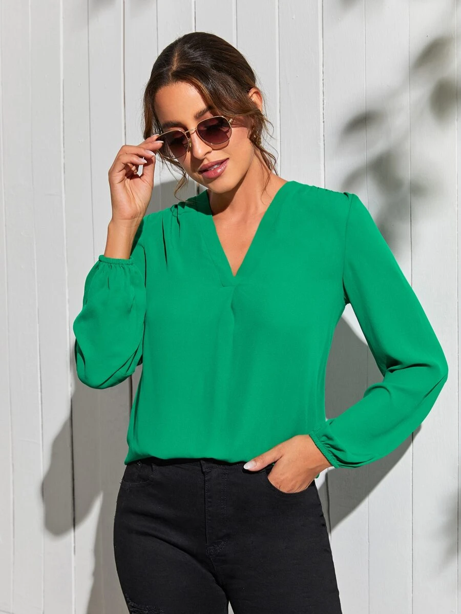 SHEIN Áo sơ mi nữ Xù màu trơn Thanh lịch - màu xanh lá - Xem 1