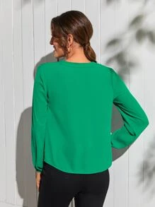 SHEIN Áo sơ mi nữ Xù màu trơn Thanh lịch - màu xanh lá - Xem 2